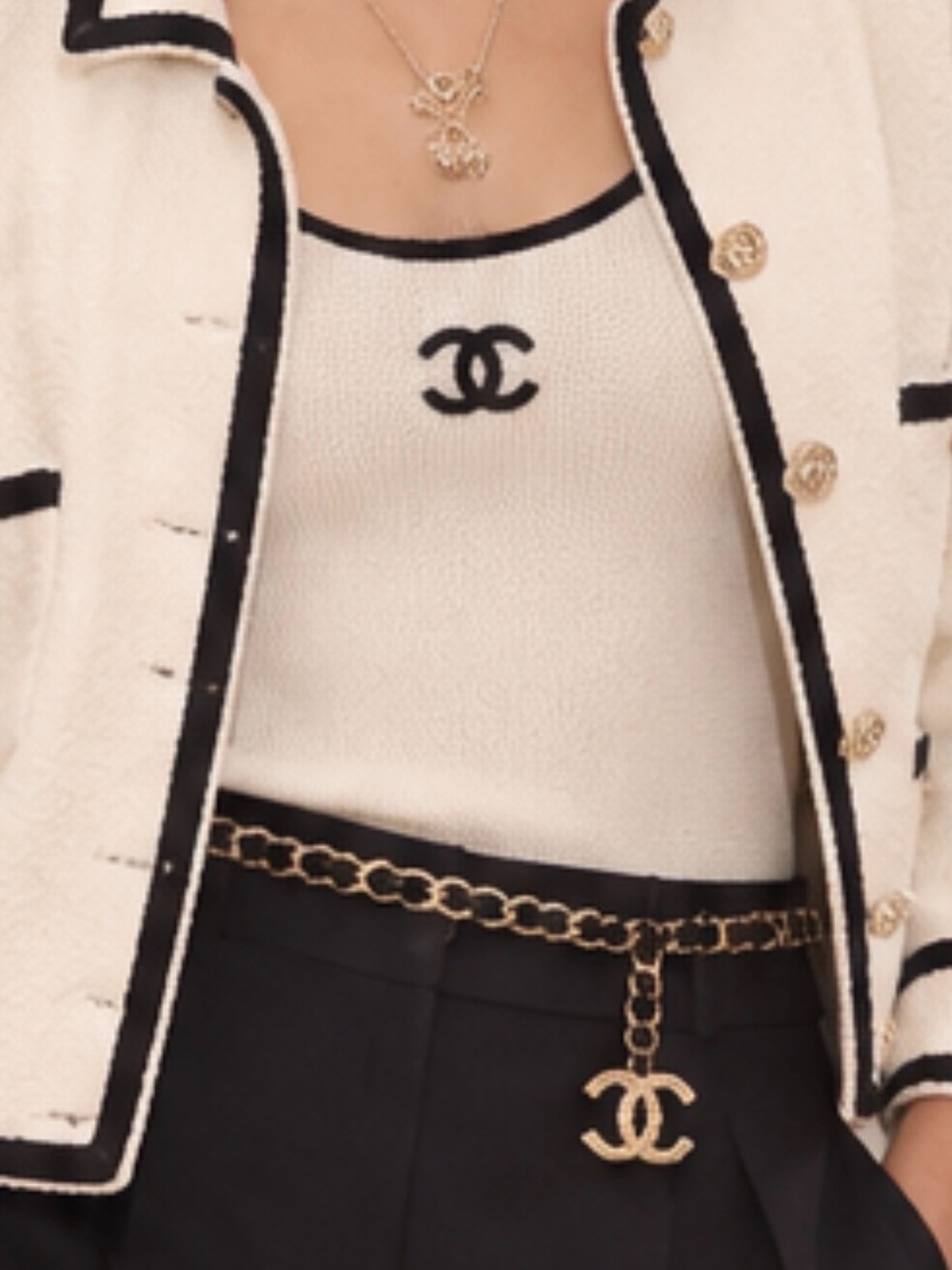 CHANEL Ivory and Black CC Logo Knit Tank Top